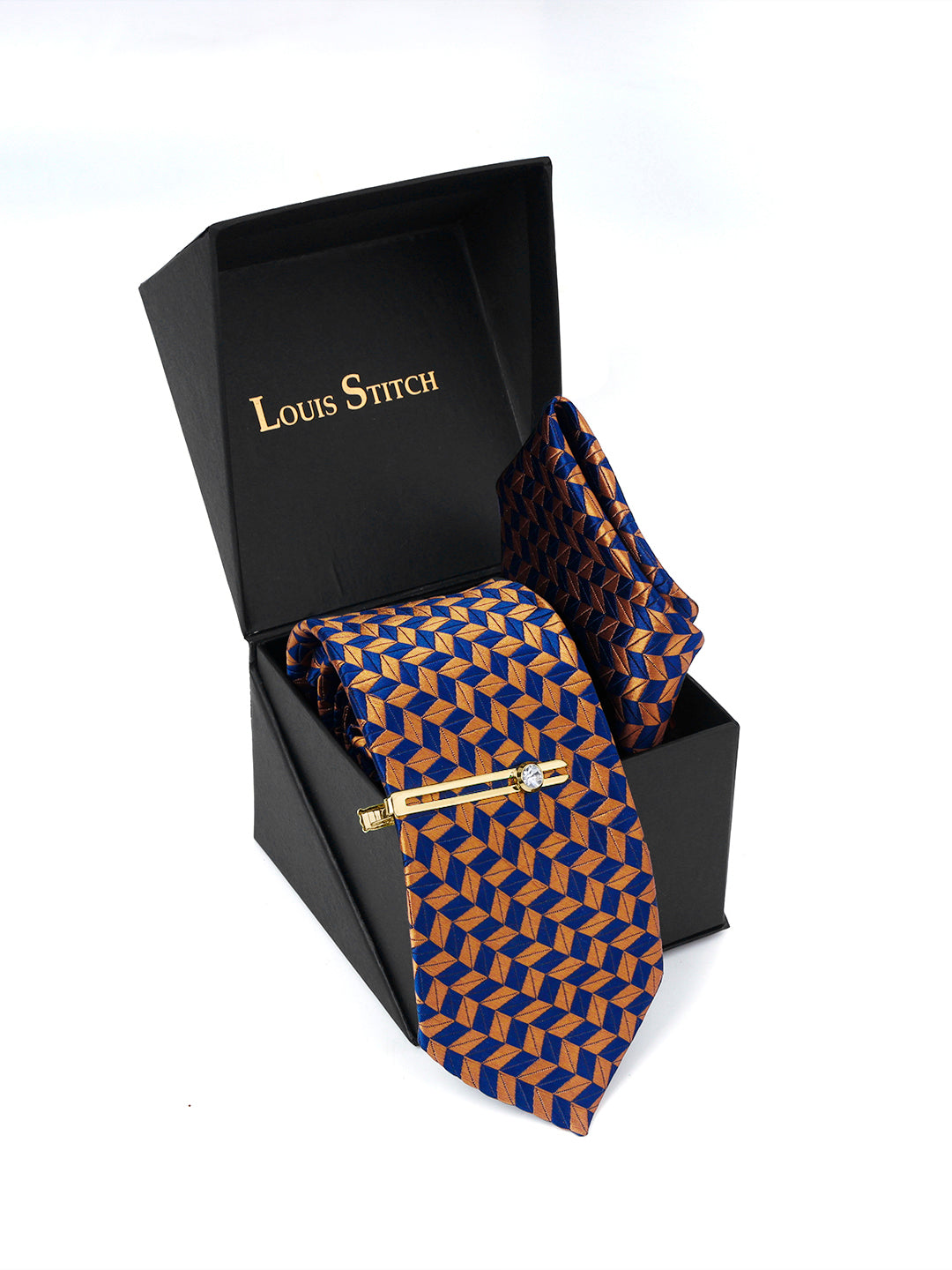 Golden Brown Luxury Italian Silk Necktie Set Pocket Square Golden Tiepin