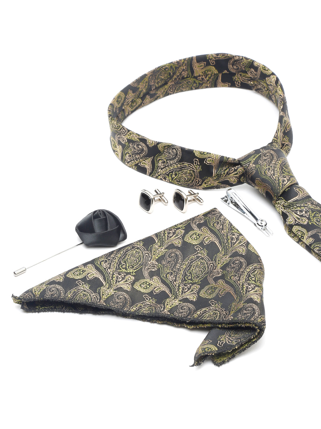 Seaweed Green Italian Silk Necktie Set Pocket Square Chrome Tiepin cufflinks and Brooch