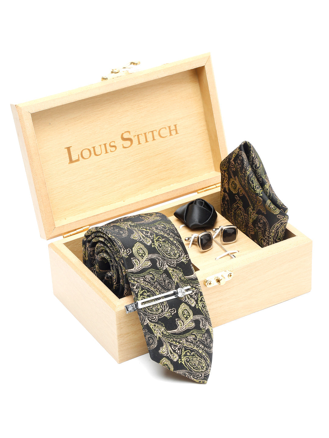 Seaweed Green Italian Silk Necktie Set Pocket Square Chrome Tiepin cufflinks and Brooch