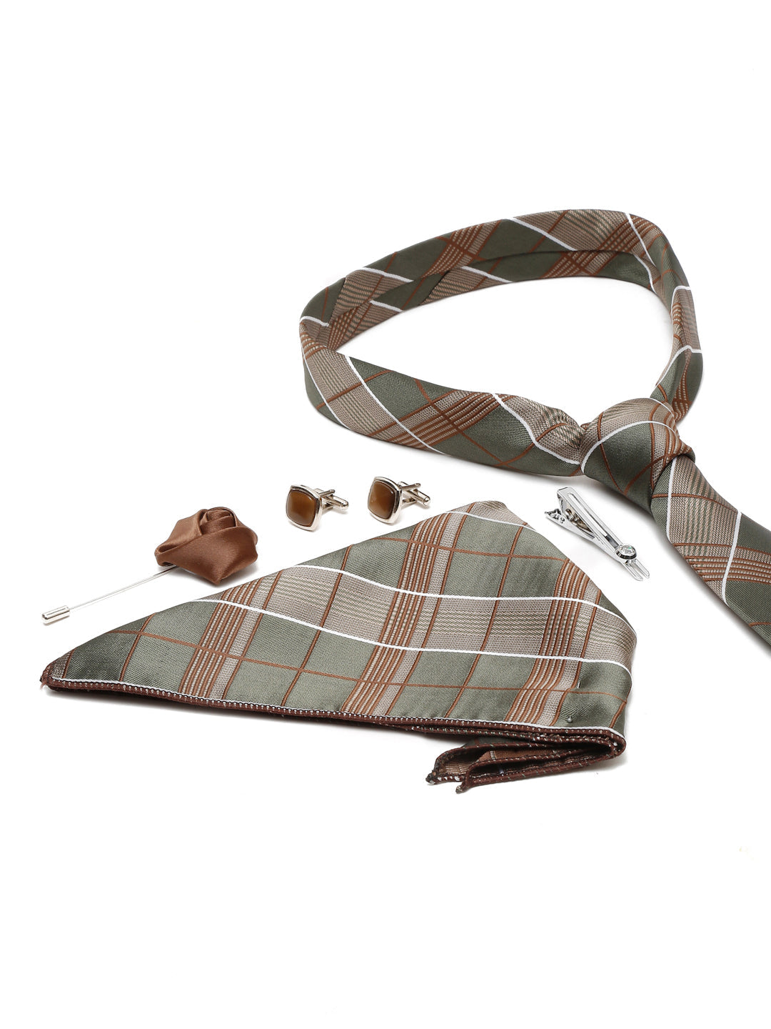 Checkered Green Italian Silk Necktie Set Pocket Square Chrome Tiepin cufflinks and Brooch