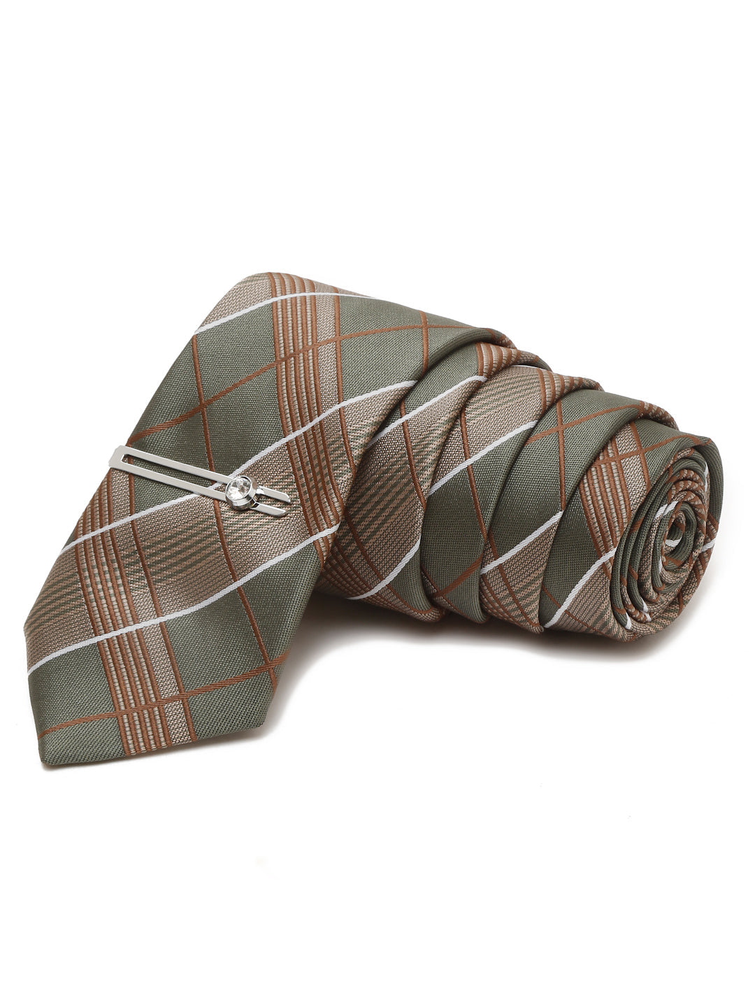 Checkered Green Italian Silk Necktie Set Pocket Square Chrome Tiepin cufflinks and Brooch