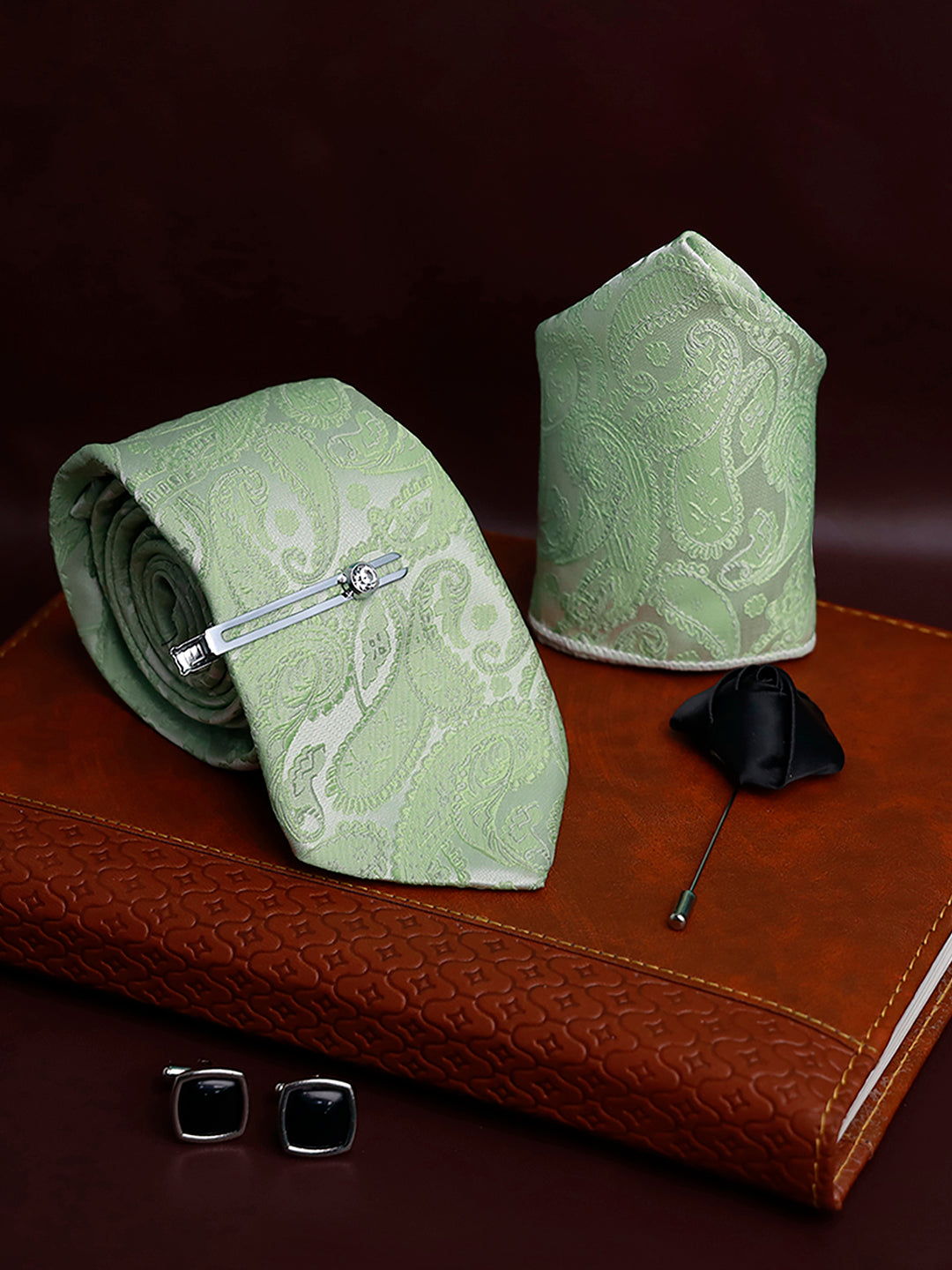 Mint Green Luxury Italian Silk Necktie Set Pocket Square Chrome Tiepin Cufflinks and Brooch