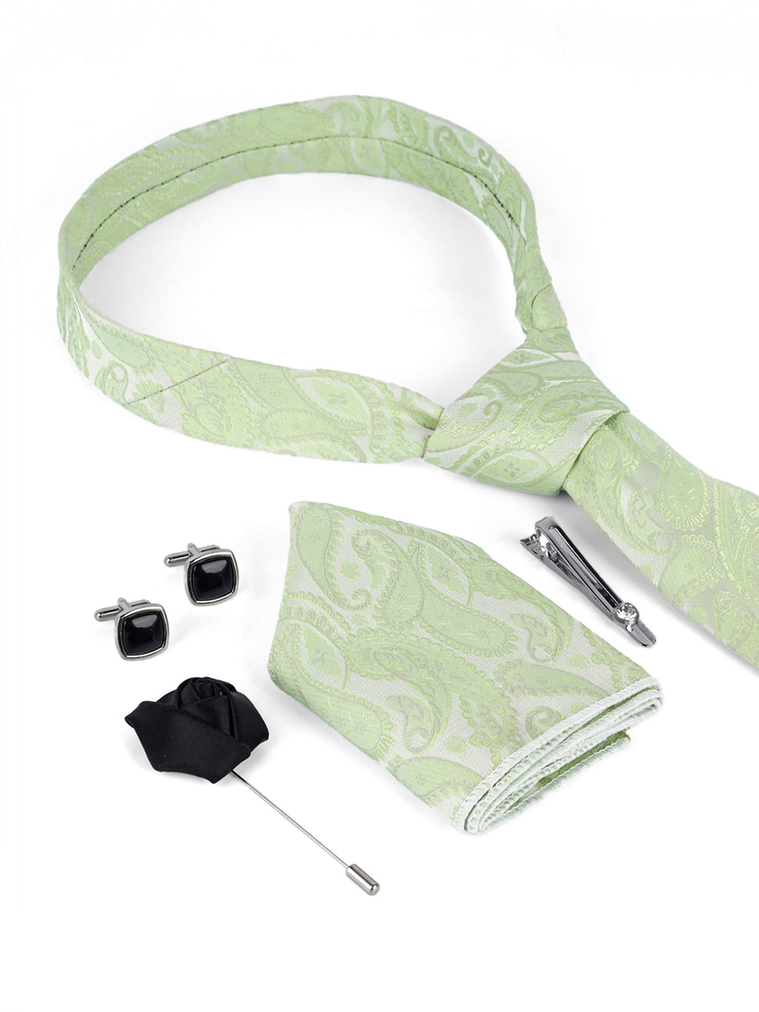 Mint Green Luxury Italian Silk Necktie Set Pocket Square Chrome Tiepin Cufflinks and Brooch