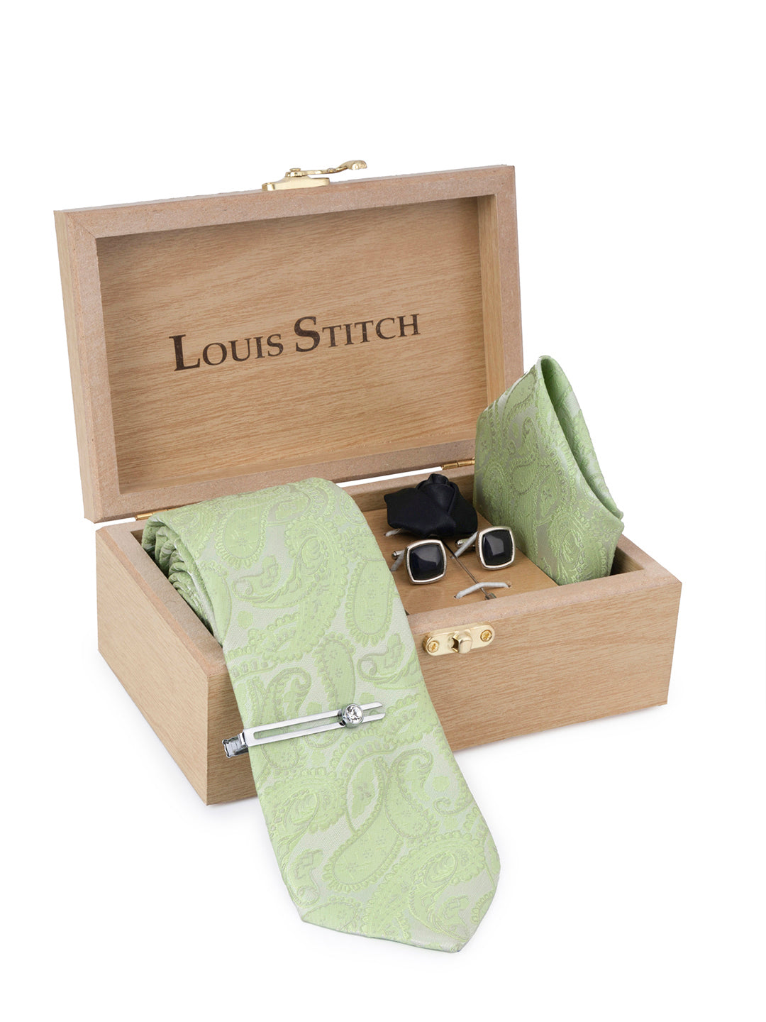 Mint Green Luxury Italian Silk Necktie Set Pocket Square Chrome Tiepin Cufflinks and Brooch