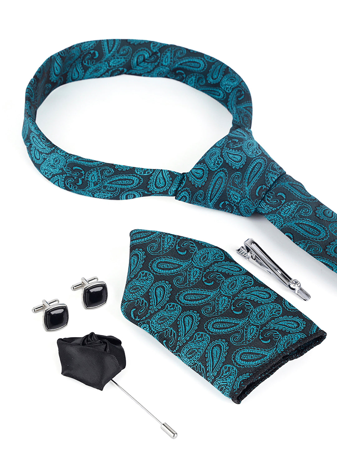 Pine Green Luxury Italian Silk Necktie Set Pocket Square Chrome Tiepin Cufflinks and Brooch