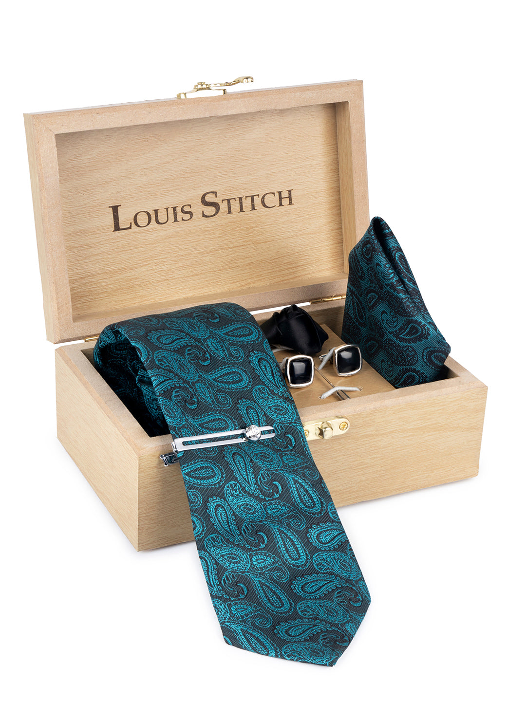 Pine Green Luxury Italian Silk Necktie Set Pocket Square Chrome Tiepin Cufflinks and Brooch