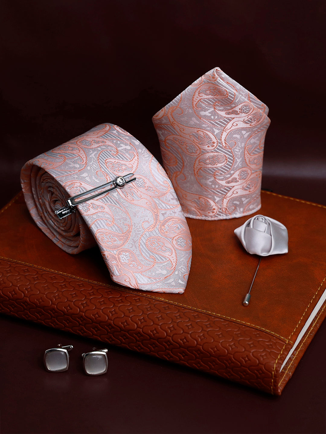 Pastel Peach Luxury Italian Silk Necktie Set Pocket Square Chrome Tiepin Cufflinks and Brooch