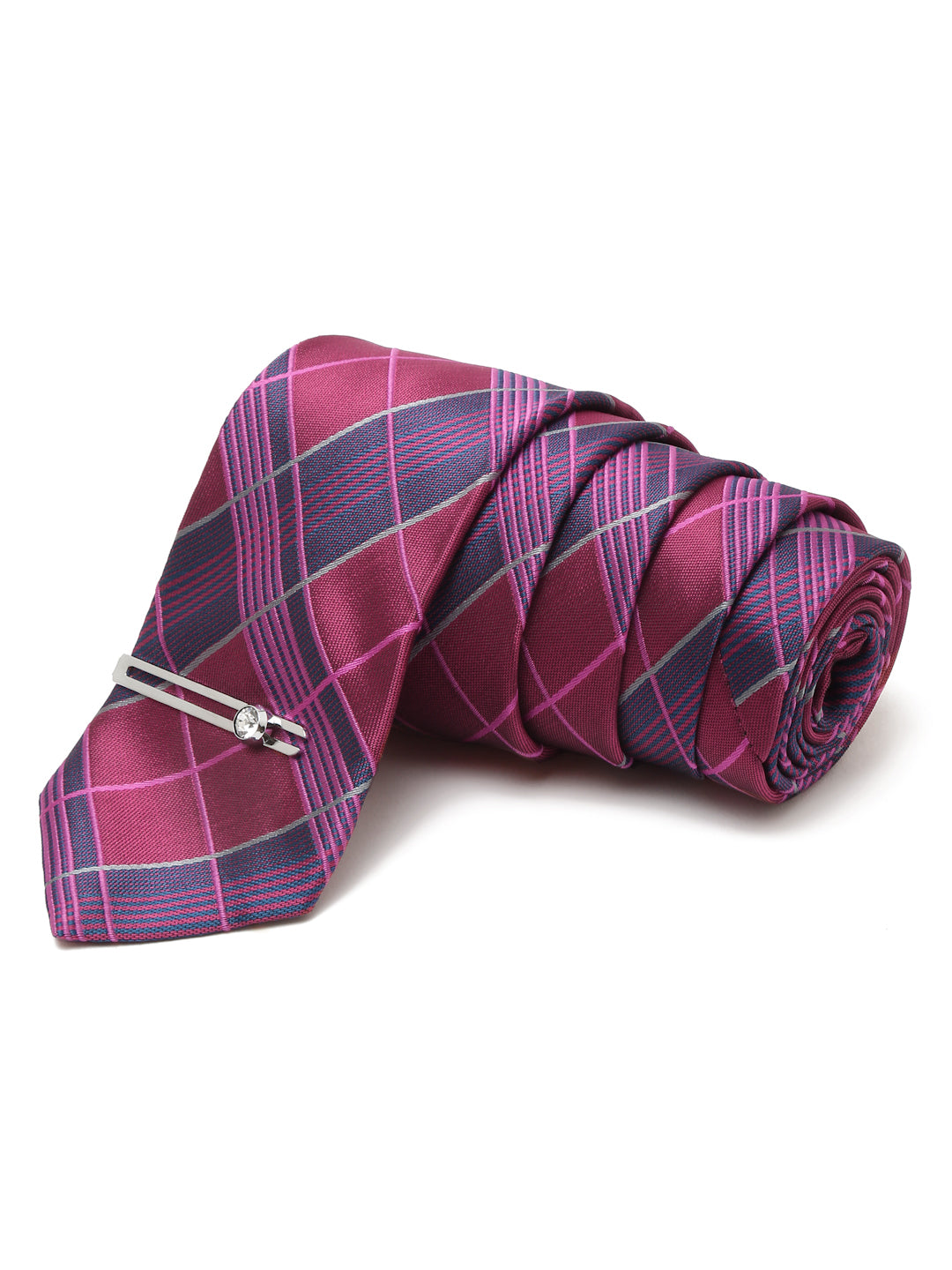 Checkered Pink Italian Silk Necktie Set Pocket Square Chrome Tiepin cufflinks and Brooch