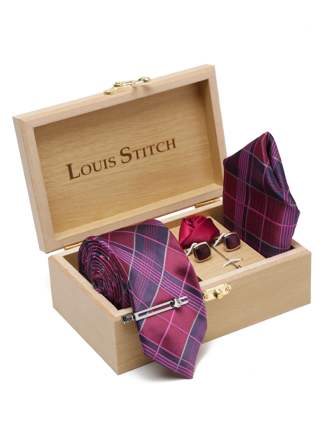 Checkered Pink Italian Silk Necktie Set Pocket Square Chrome Tiepin cufflinks and Brooch
