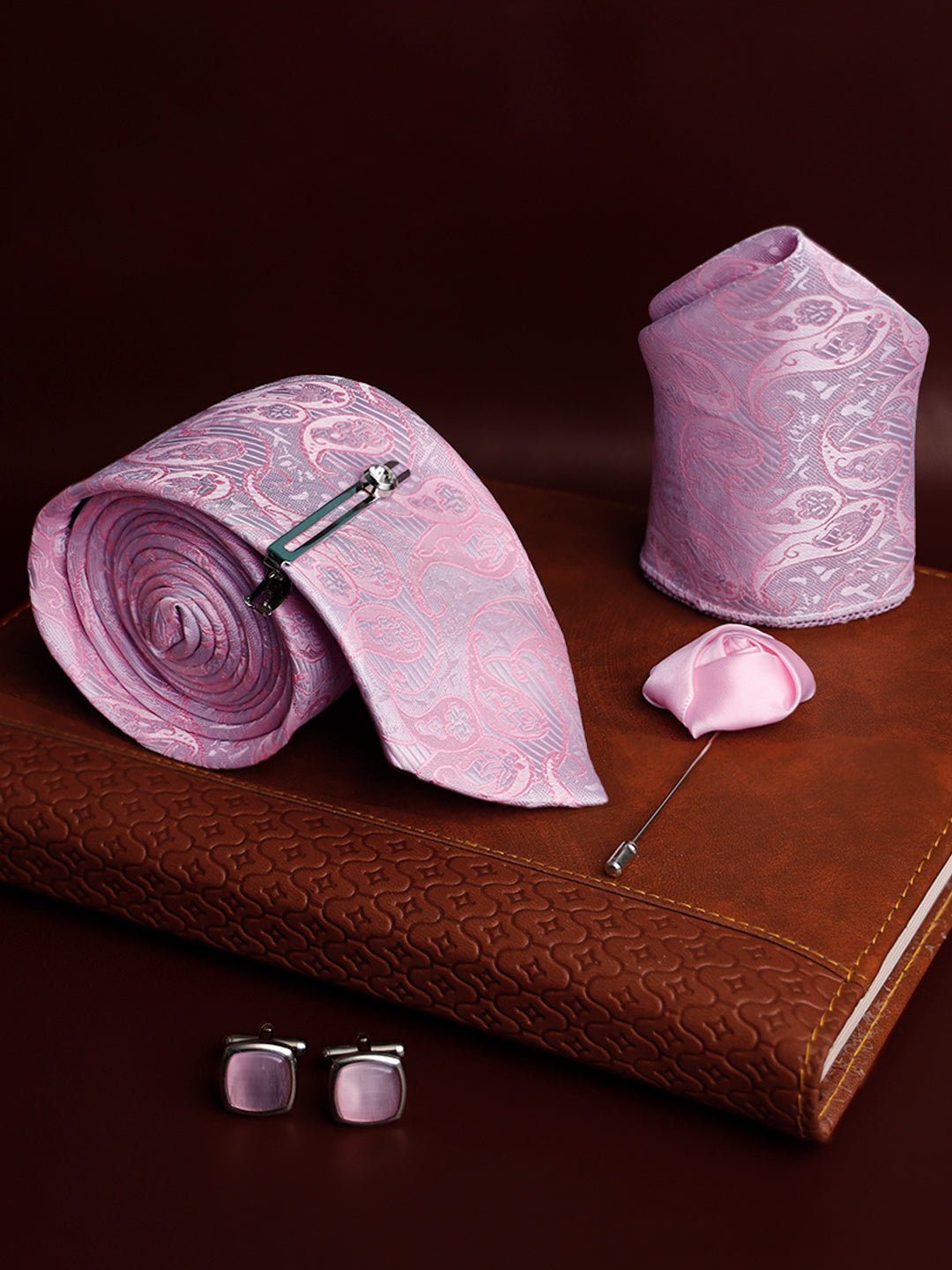 Pastel Pink Luxury Italian Silk Necktie Set Pocket Square Chrome Tiepin Cufflinks and Brooch