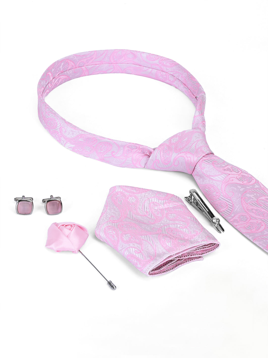 Pastel Pink Luxury Italian Silk Necktie Set Pocket Square Chrome Tiepin Cufflinks and Brooch