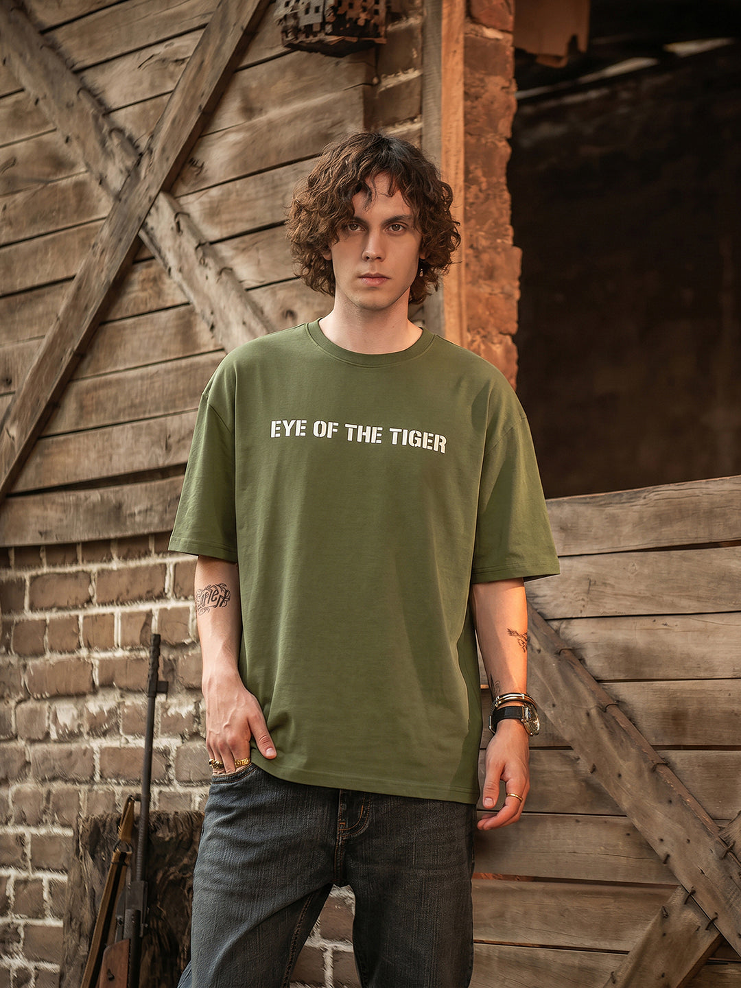 Rock Ballad Inspired Military Green Graphic Printed Oversized T-shirt