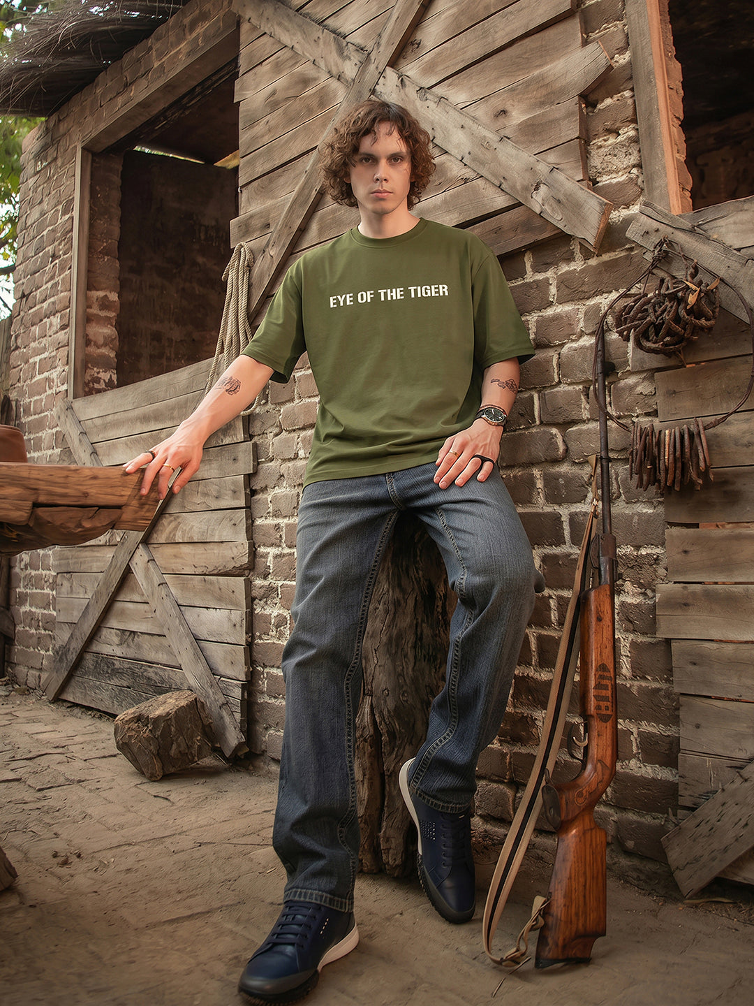 Rock Ballad Inspired Military Green Graphic Printed Oversized T-shirt