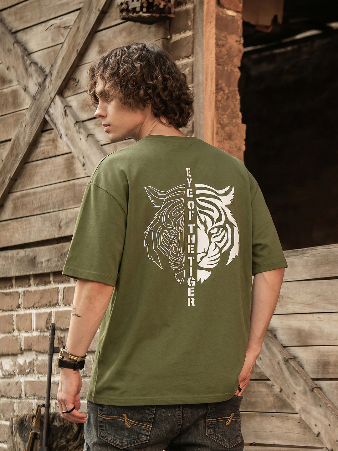 Rock Ballad Inspired Military Green Graphic Printed Oversized T-shirt