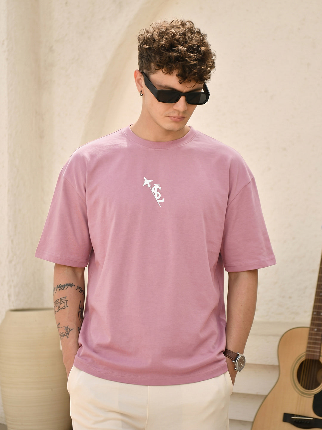 Rock Ballad Inspired Mauve Graphic Printed Oversized T-shirt