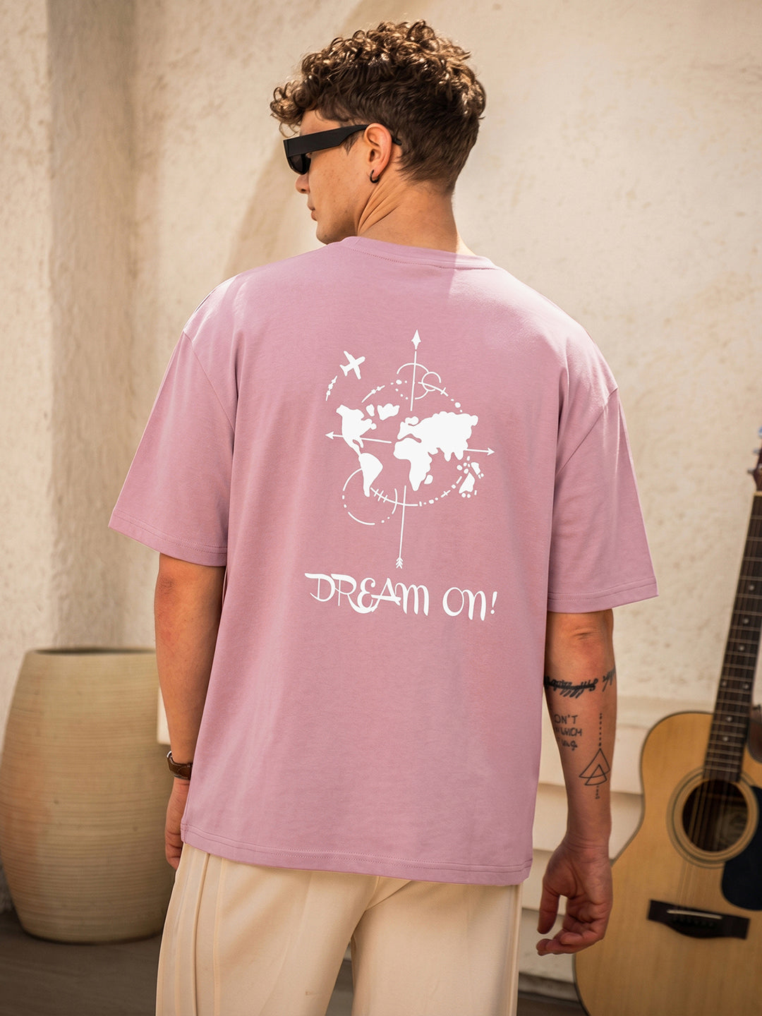 Rock Ballad Inspired Mauve Graphic Printed Oversized T-shirt