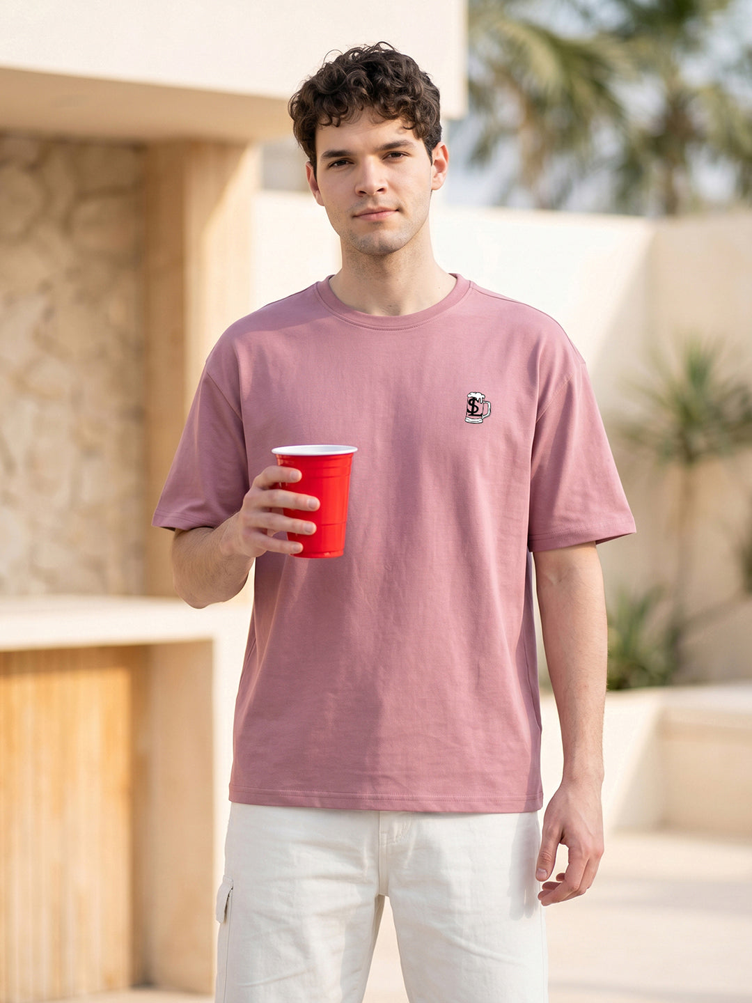 Mentally At Happy Hour Graphic Printed Mauve Oversized T-shirt