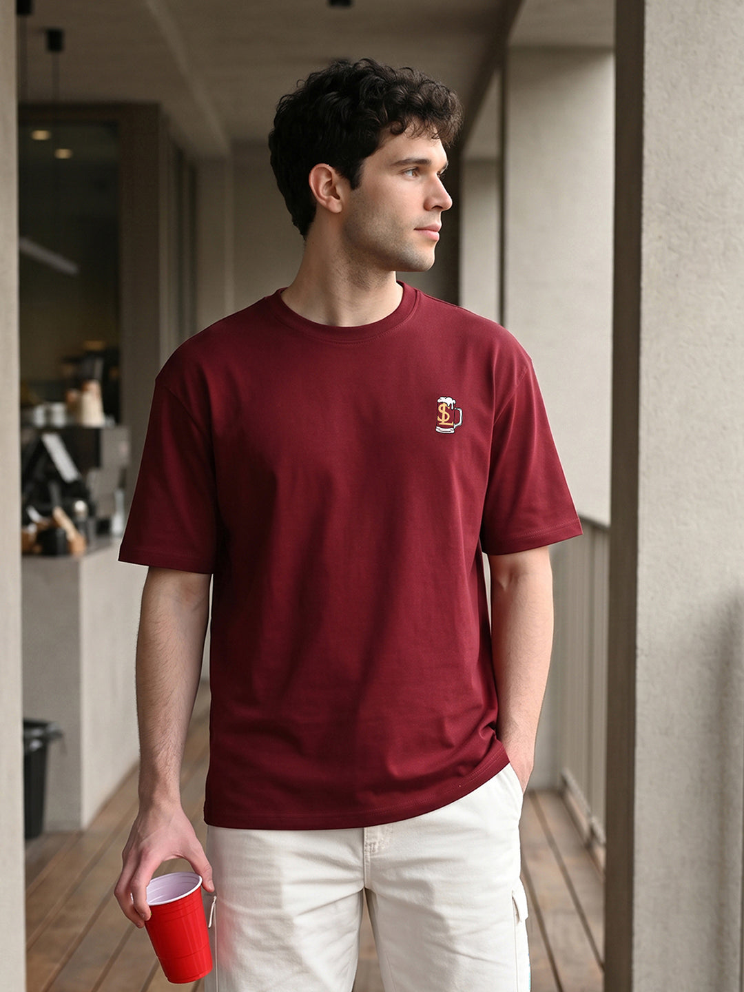 Mentally At Happy Hour Graphic Printed Red Oversized T-shirt