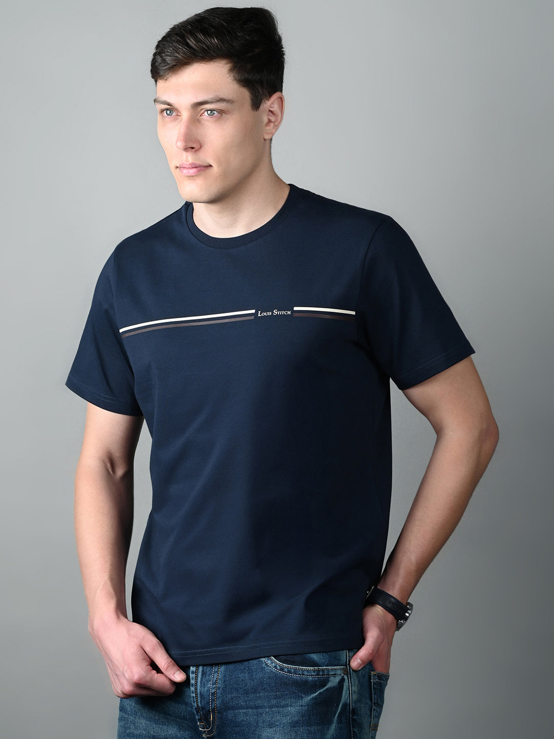 Men's Super Combed Cotton Navy Blue Regular Fit Half Sleeve Round Neck T-Shirt