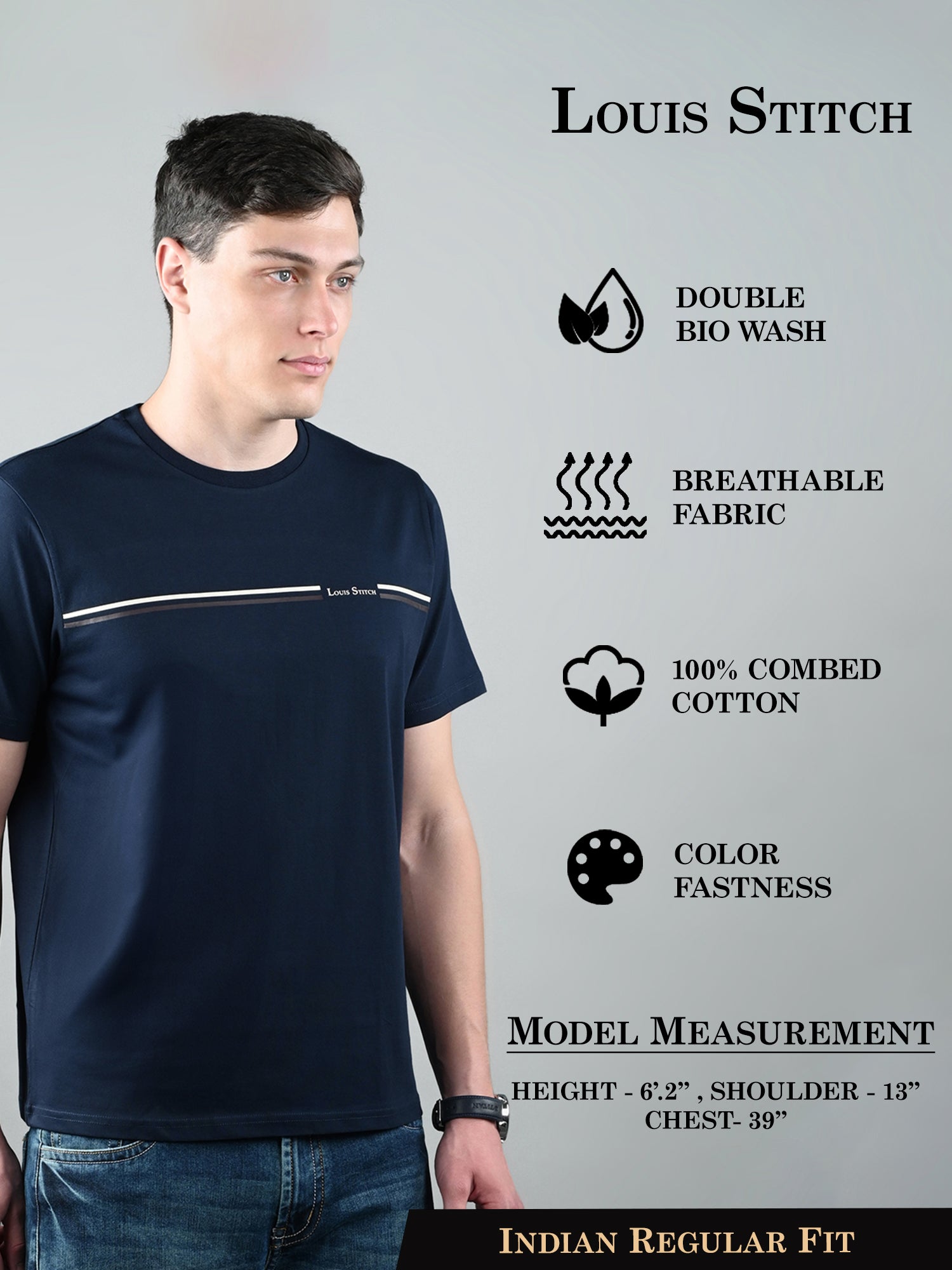 Men's Super Combed Cotton Navy Blue Regular Fit Half Sleeve Round Neck T-Shirt