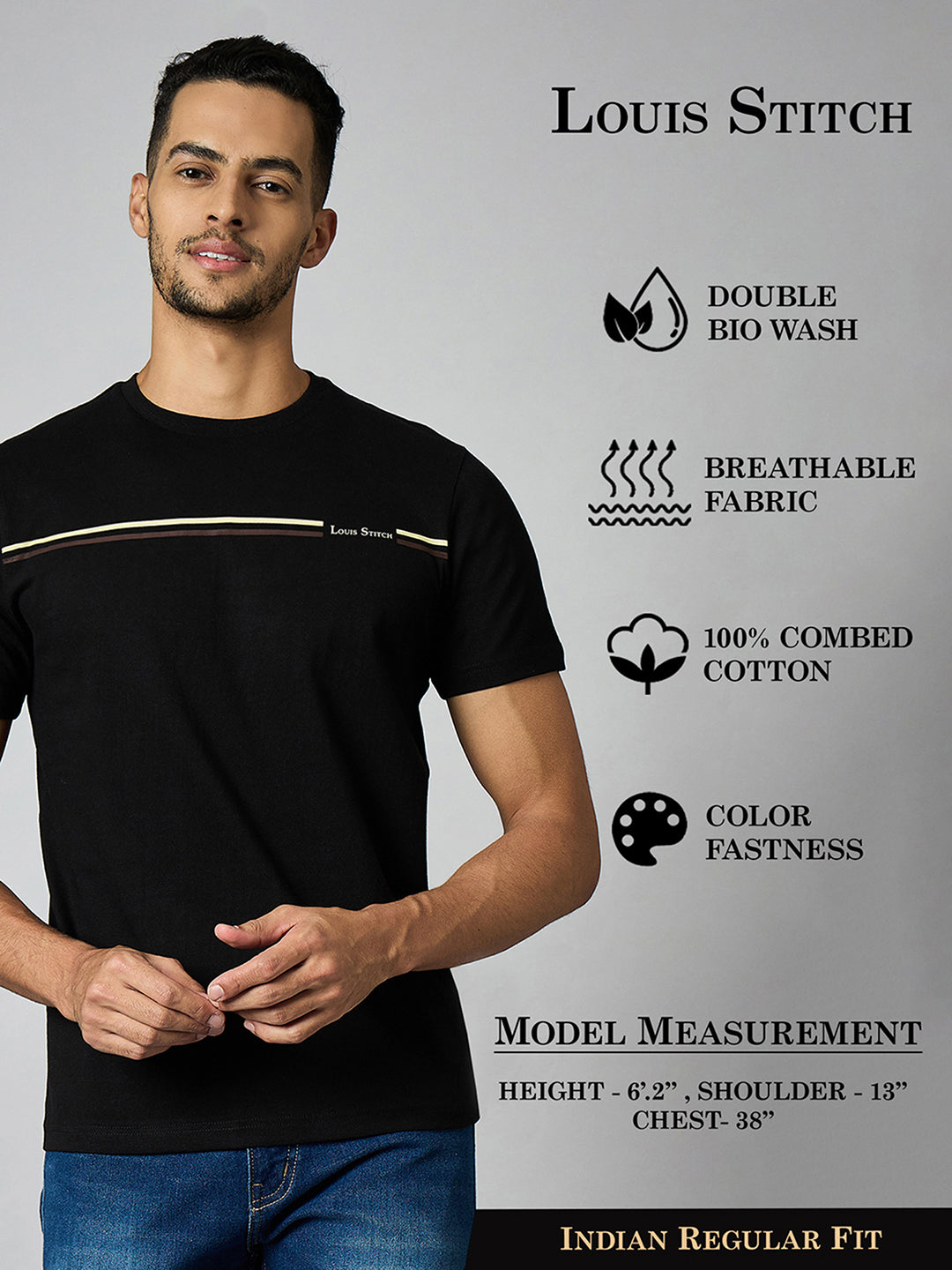 Men's Super Combed Cotton Black Regular Fit Half Sleeve Round Neck T-Shirt
