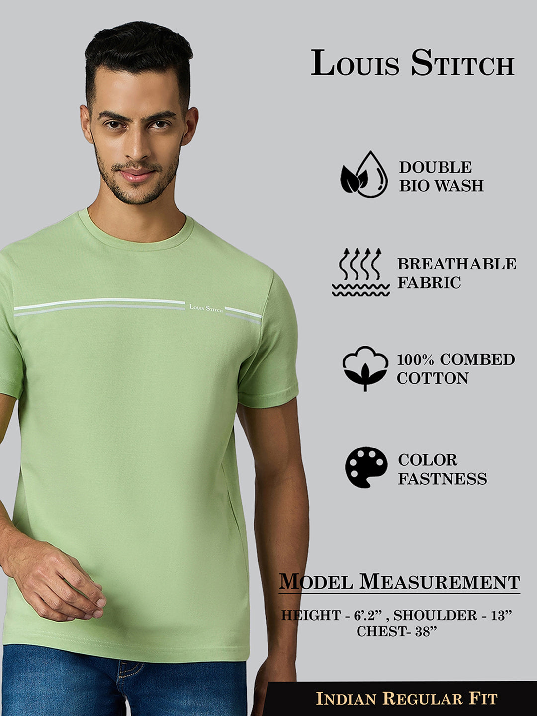Men's Super Combed Cotton Pastel Green Regular Fit Half Sleeve Round Neck T-Shirt