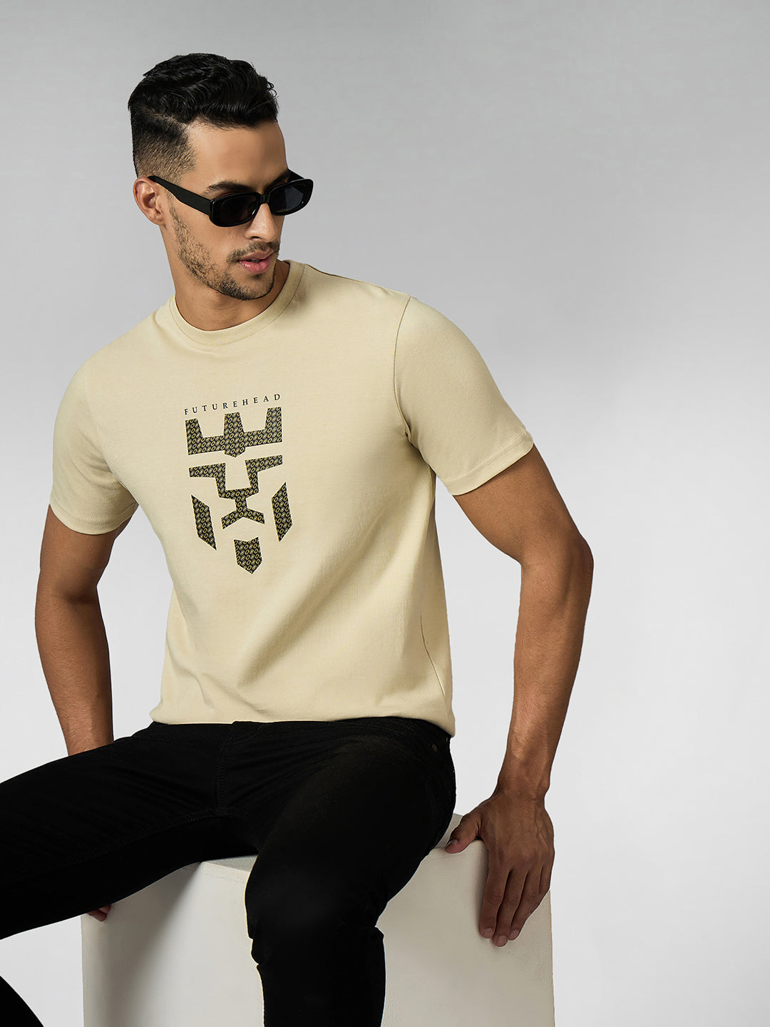 Men's Super Combed Cotton Cream Regular Fit Half Sleeve Round Neck T-Shirt