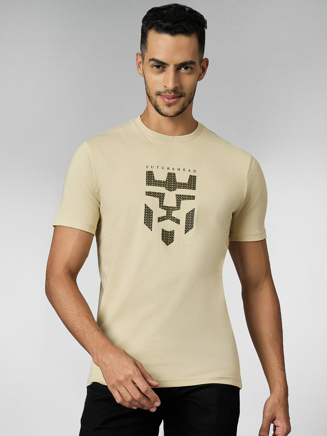 Men's Super Combed Cotton Cream Regular Fit Half Sleeve Round Neck T-Shirt