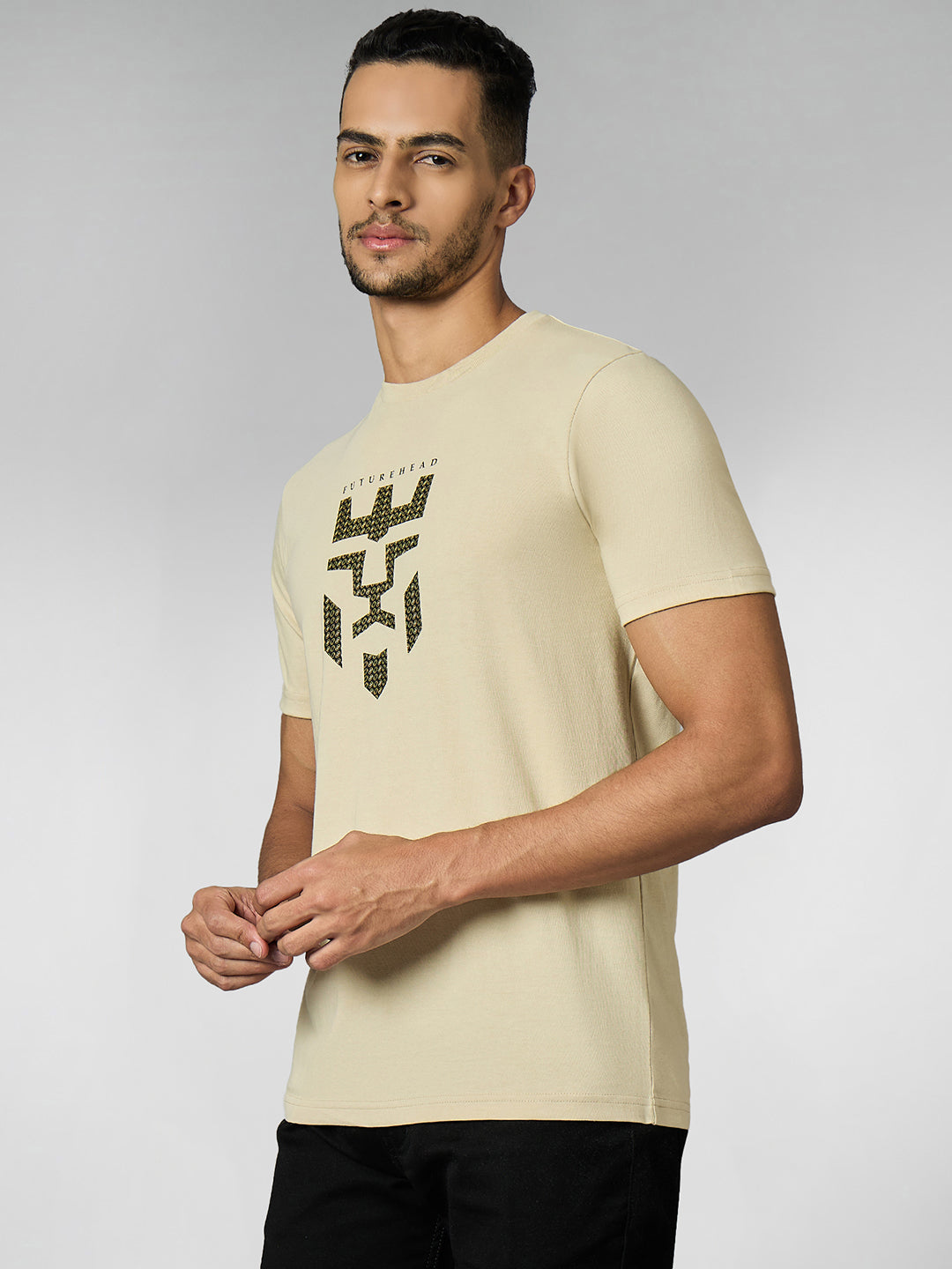 Men's Super Combed Cotton Cream Regular Fit Half Sleeve Round Neck T-Shirt