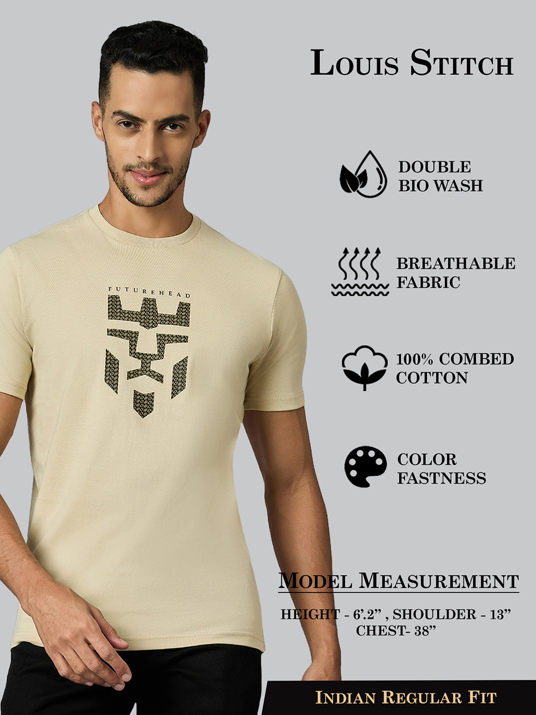 Men's Super Combed Cotton Cream Regular Fit Half Sleeve Round Neck T-Shirt