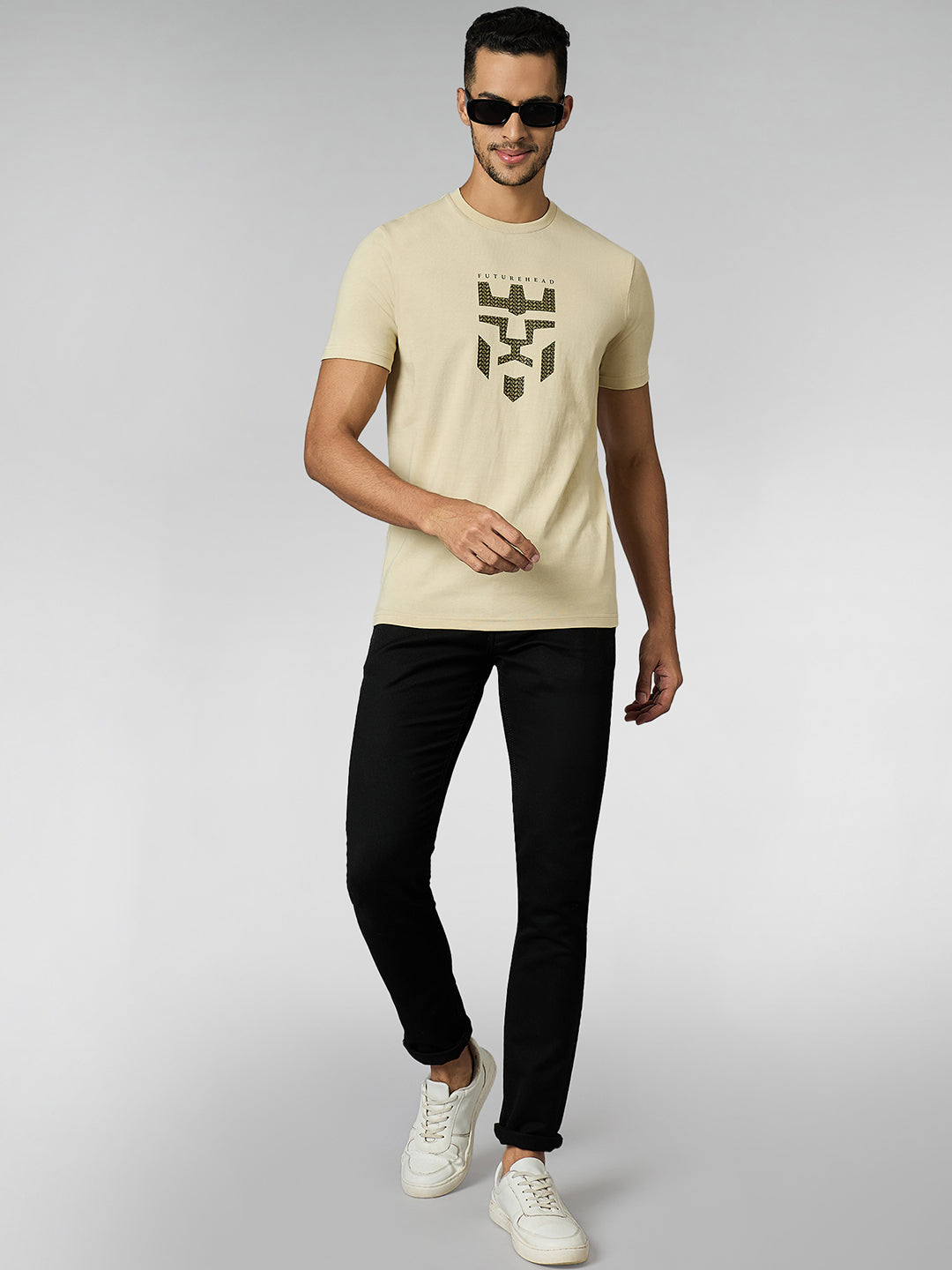 Men's Super Combed Cotton Cream Regular Fit Half Sleeve Round Neck T-Shirt