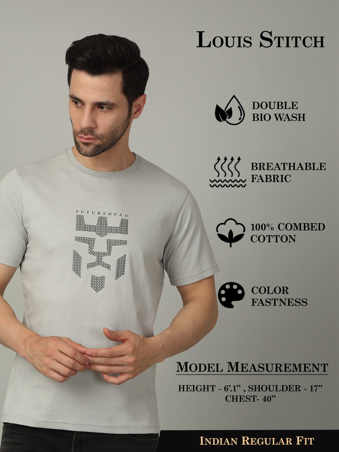 Men's Super Combed Cotton Graphic Printed Grey T-shirt