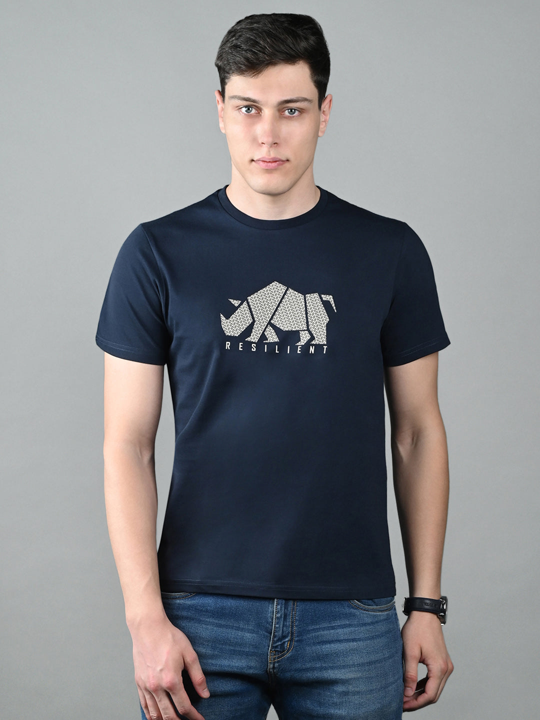 Men's Super Combed Cotton Navy Blue Regular Fit Half Sleeve Round Neck T-Shirt