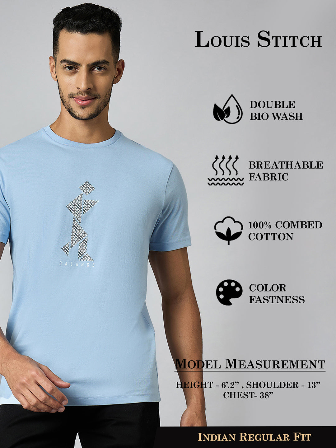 Men's Super Combed Cotton Light Blue Regular Fit Half Sleeve Round Neck T-Shirt