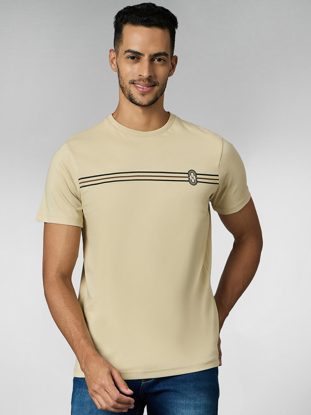 Men's Super Combed Cotton Cream Regular Fit Half Sleeve Round Neck T-Shirt