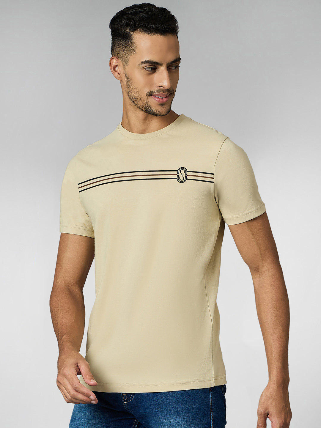 Men's Super Combed Cotton Cream Regular Fit Half Sleeve Round Neck T-Shirt