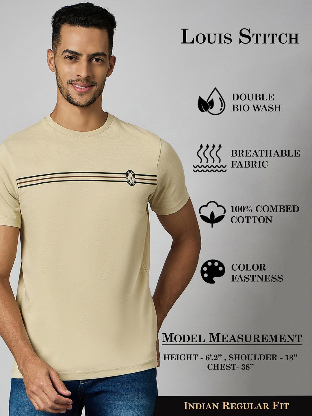 Men's Super Combed Cotton Cream Regular Fit Half Sleeve Round Neck T-Shirt