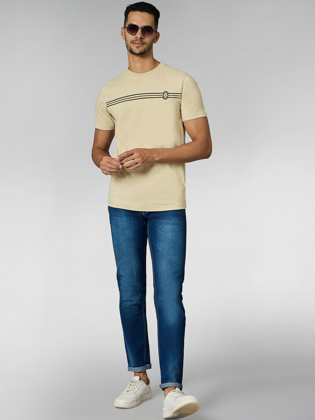 Men's Super Combed Cotton Cream Regular Fit Half Sleeve Round Neck T-Shirt