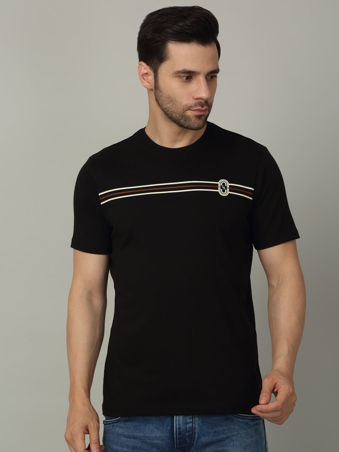 Men's Super Combed Cotton Stripes Printed Black T-shirt