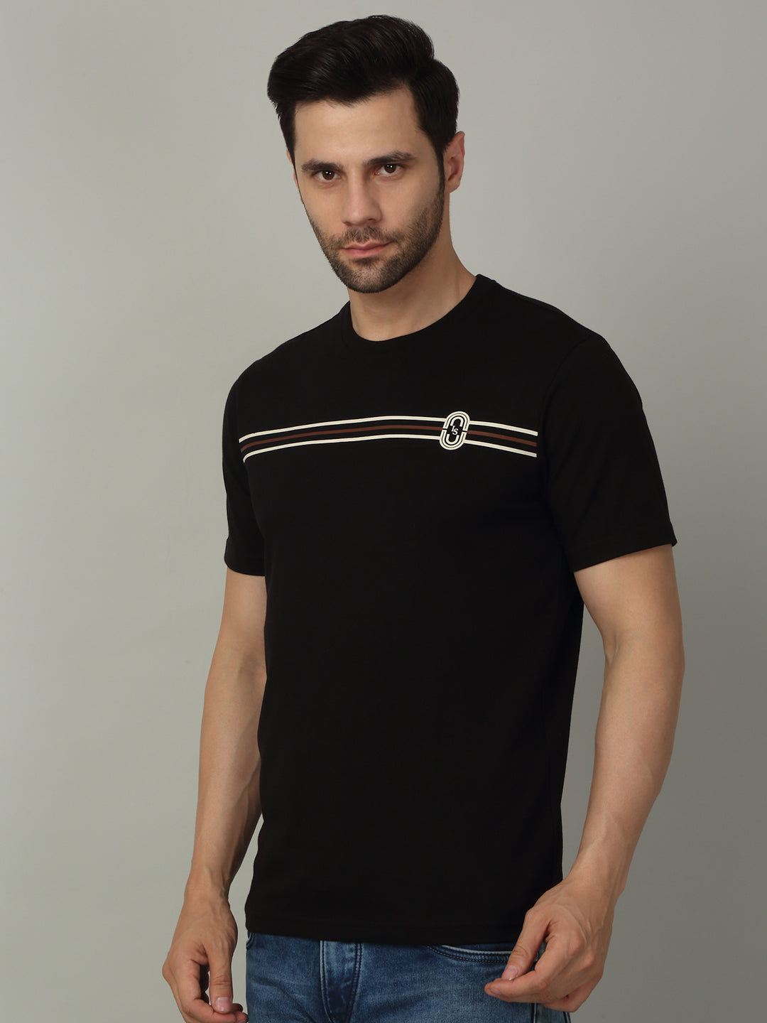 Men's Super Combed Cotton Stripes Printed Black T-shirt