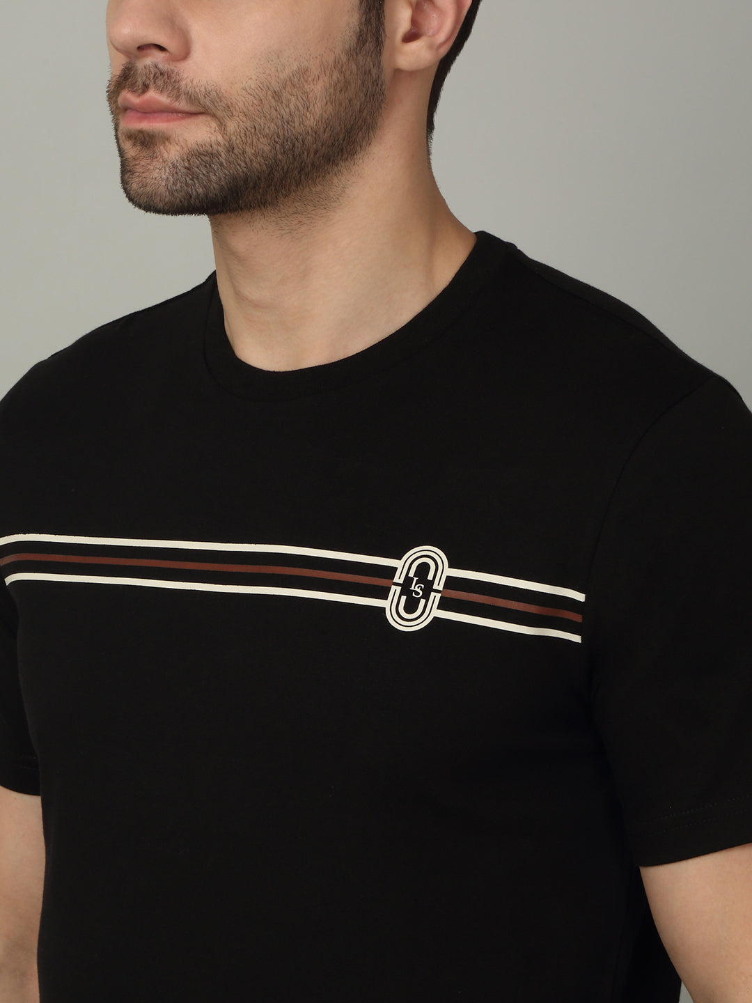 Men's Super Combed Cotton Stripes Printed Black T-shirt