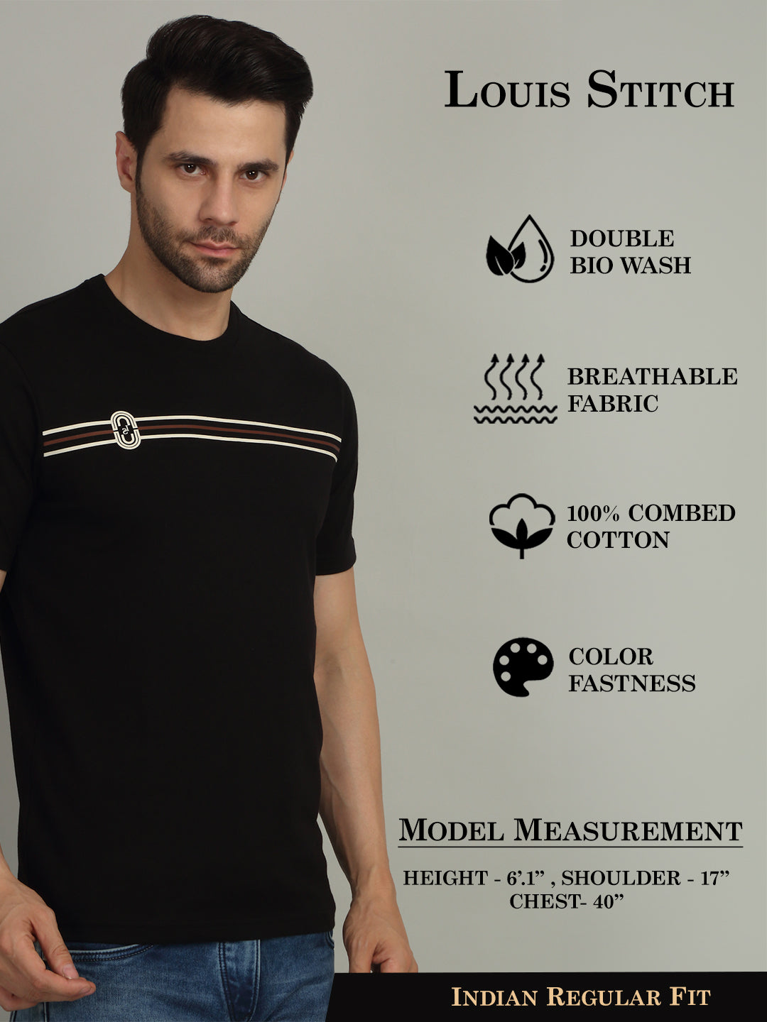 Men's Super Combed Cotton Stripes Printed Black T-shirt