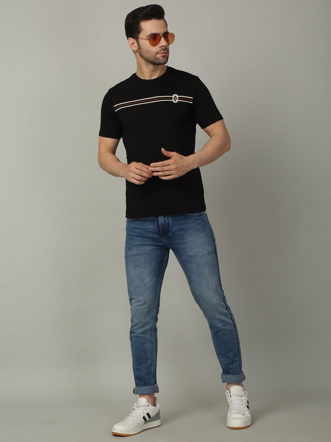 Men's Super Combed Cotton Stripes Printed Black T-shirt