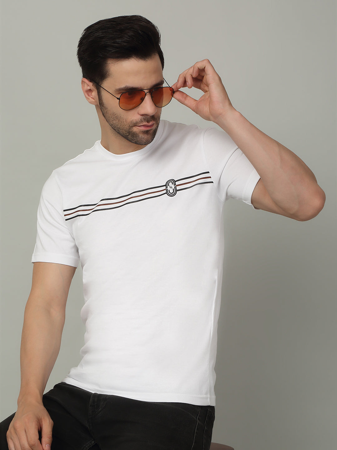 Men's Super Combed Cotton Stripes Printed White T-shirt