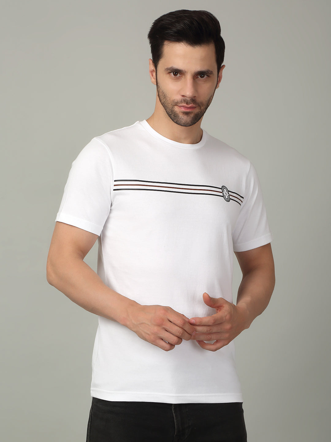 Men's Super Combed Cotton Stripes Printed White T-shirt