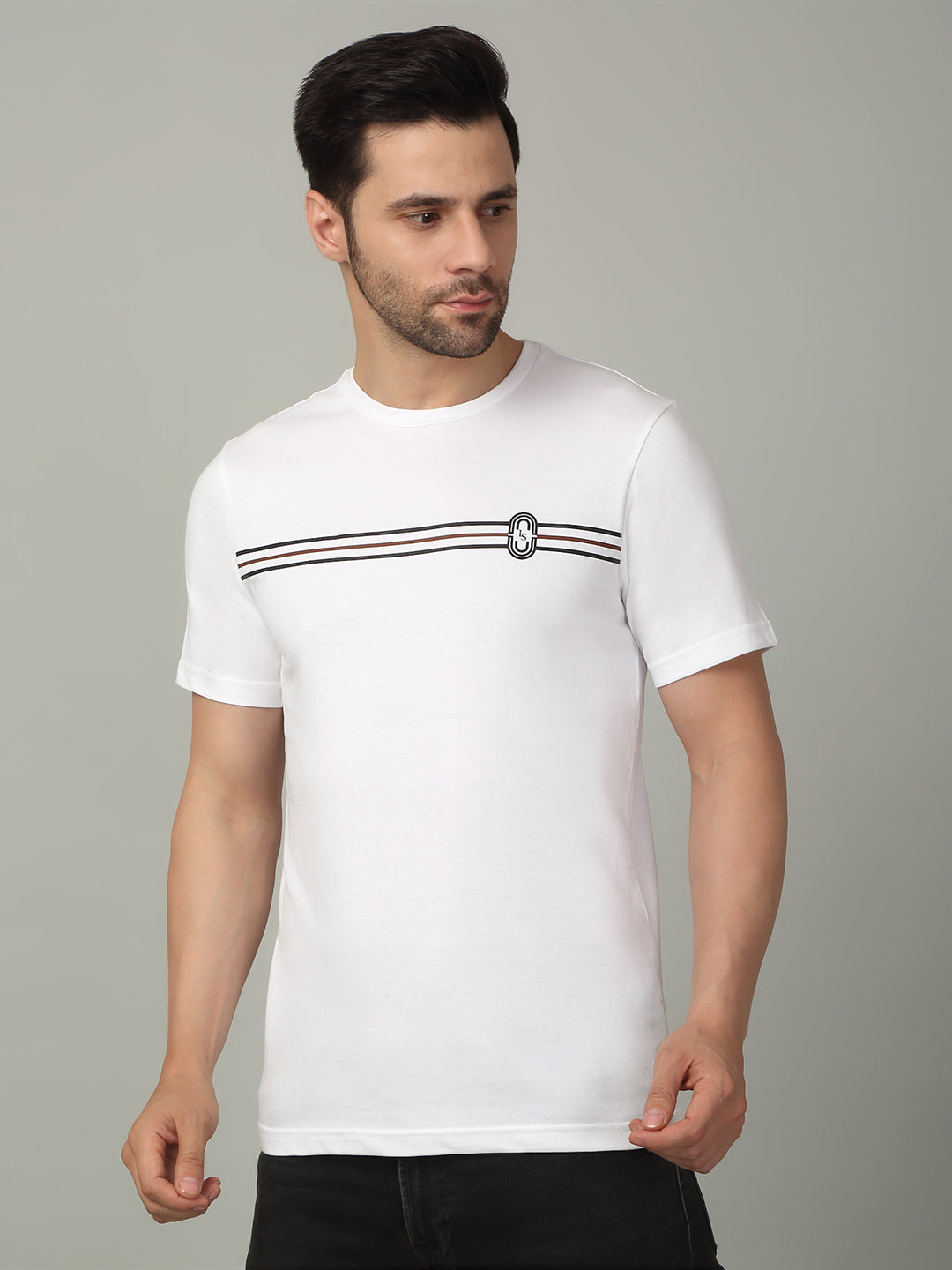 Men's Super Combed Cotton Stripes Printed White T-shirt