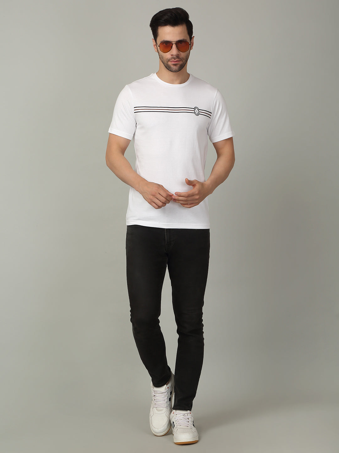 Men's Super Combed Cotton Stripes Printed White T-shirt