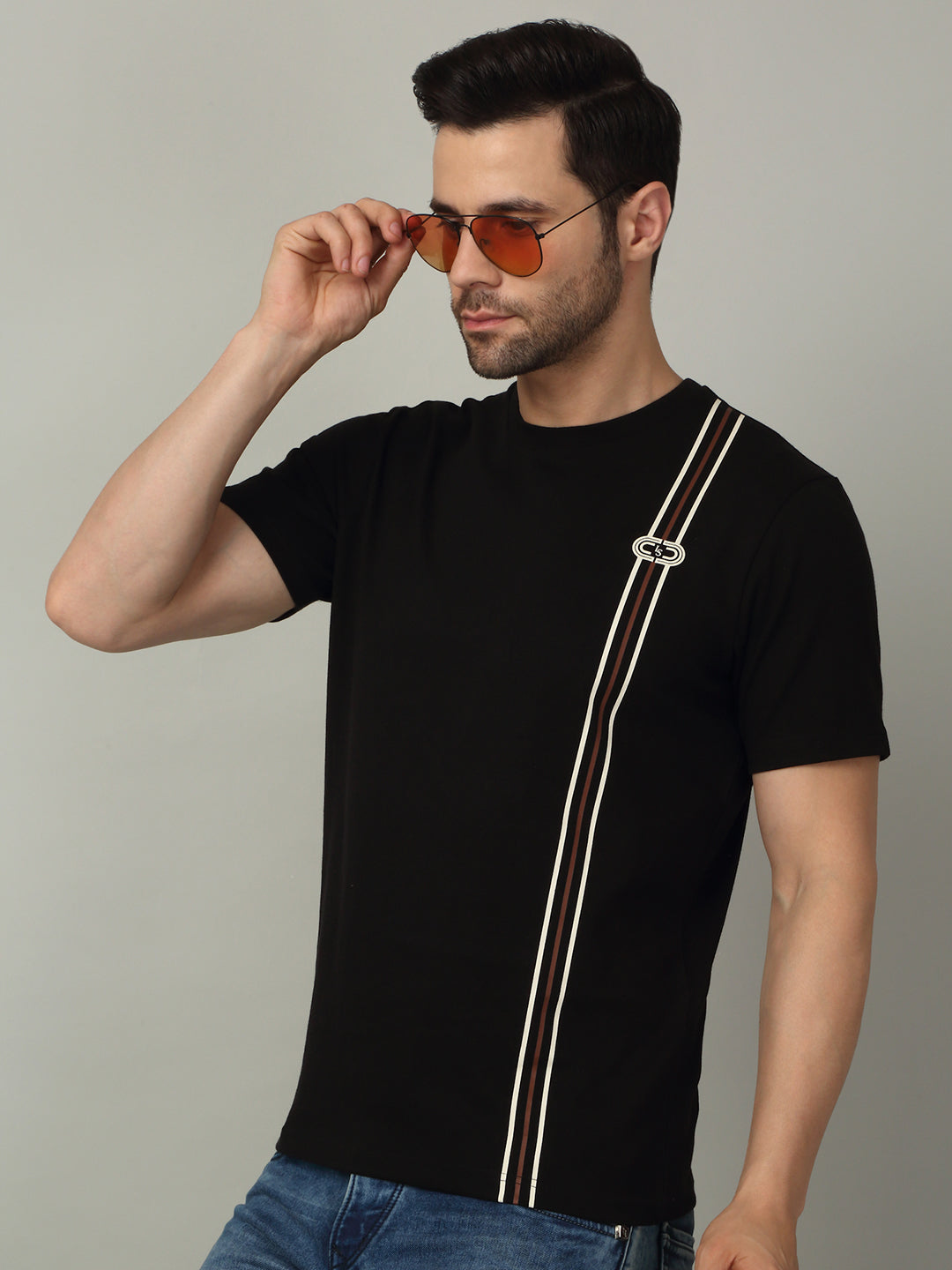 Men's Super Combed Cotton Stripes Printed Black T-shirt