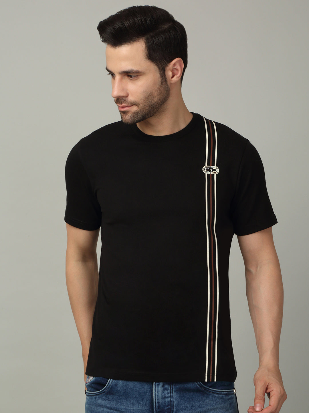 Men's Super Combed Cotton Stripes Printed Black T-shirt
