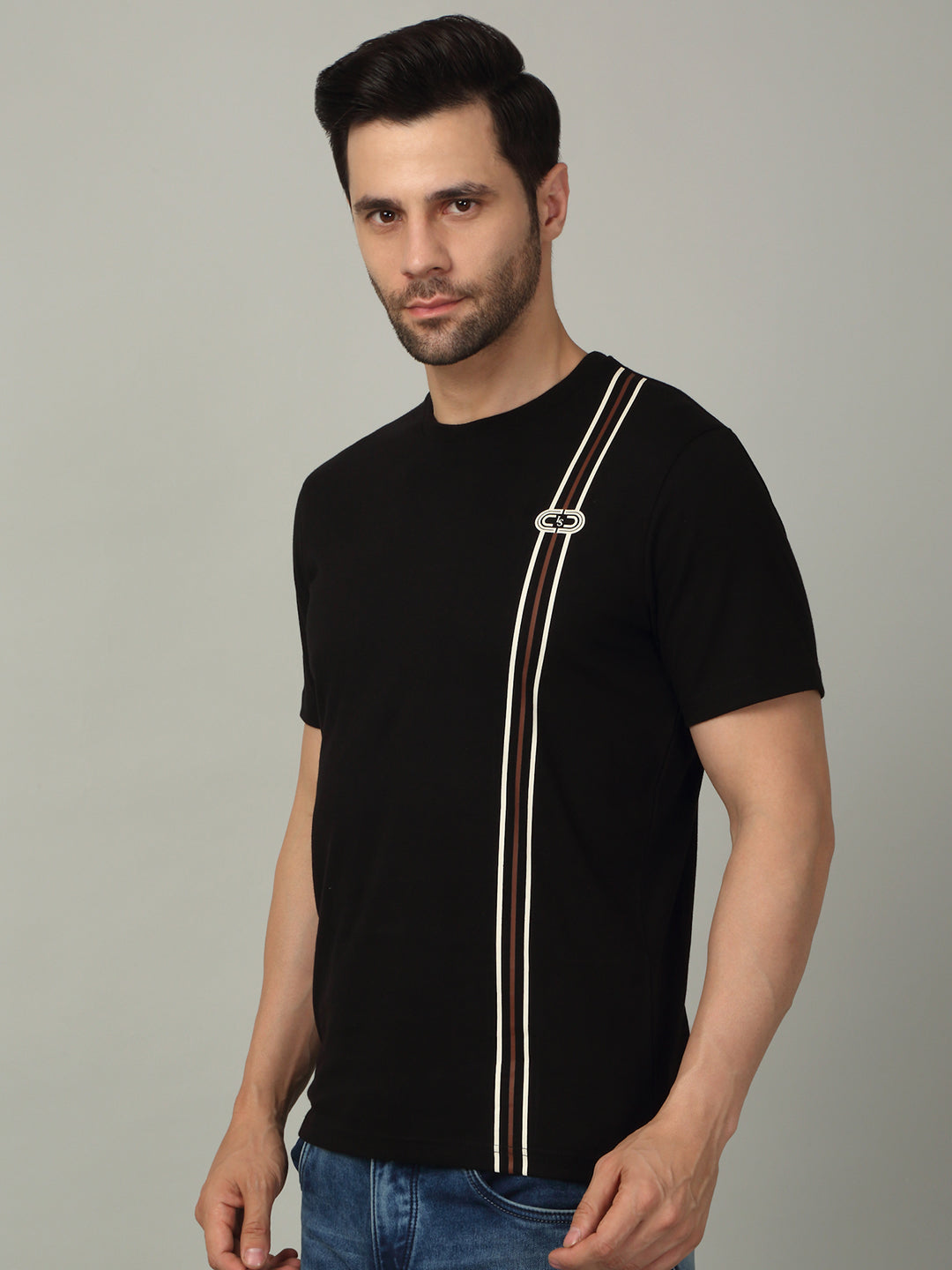 Men's Super Combed Cotton Stripes Printed Black T-shirt